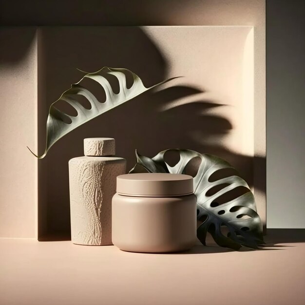 Counter podium Sunlit Indian Rubber Tree Cactus in Black Grey Pot Leaf Shadows on Wall en Beige Concrete Textured Curve Counter Podium Generative AI
