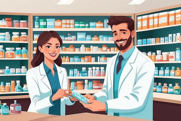 Foto al bancone un farmacista sorridente vende a turno i farmaci ai clienti closeup le persone della farmacia esaminano i farmaci acquistati illustrazione vettoriale a colori in stile cartone animato piatto