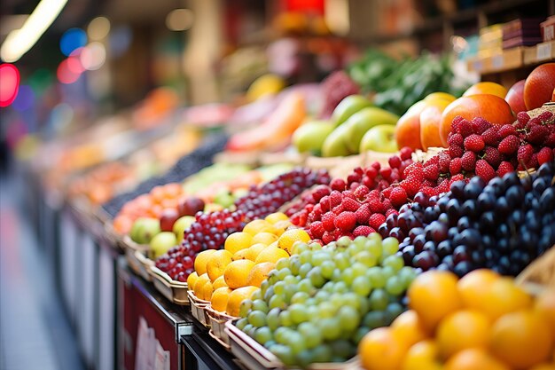 На прилавке магазина оживленный фруктовый рынок Вас ожидает праздник красочных фруктов и сочных ягод