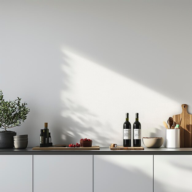 Counter with a bunch of bottles of wine on it Canvas mockup for kitchen art