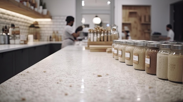 A counter with jars of food on it and a person in the background.