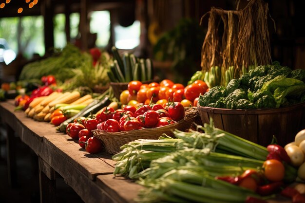 Counters with vegetables and fruits on market