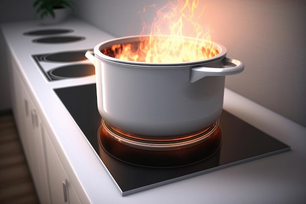 Countertop Pressure Cooker Fire In Modern Apartment Design Realistic Generative AI
