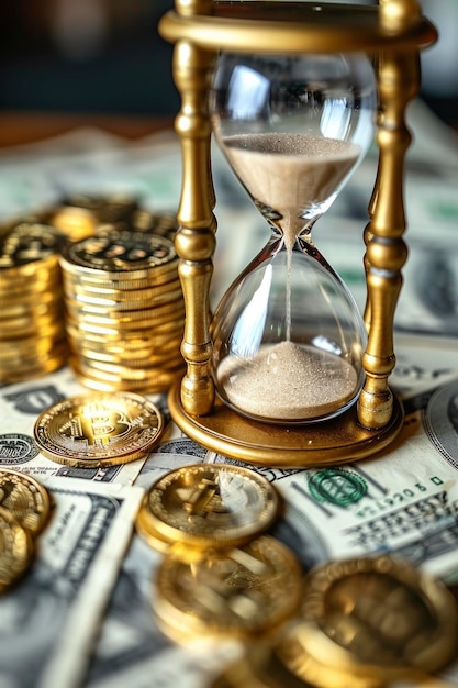 Фото Считать финансовое или инвестиционное время песочные часы или песчаное стекло рядом со стопкой монет на деревянном столе