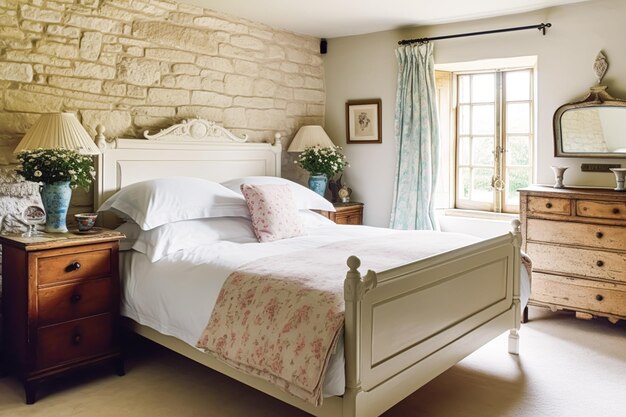 Country bedroom decor interior design and holiday rental bed with elegant bedding and antique furniture English country house and cottage style generative ai