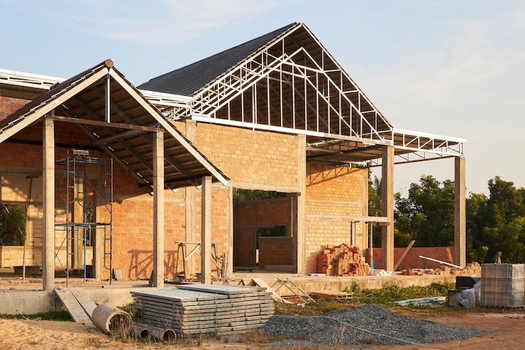 Photo country brick private house under construction