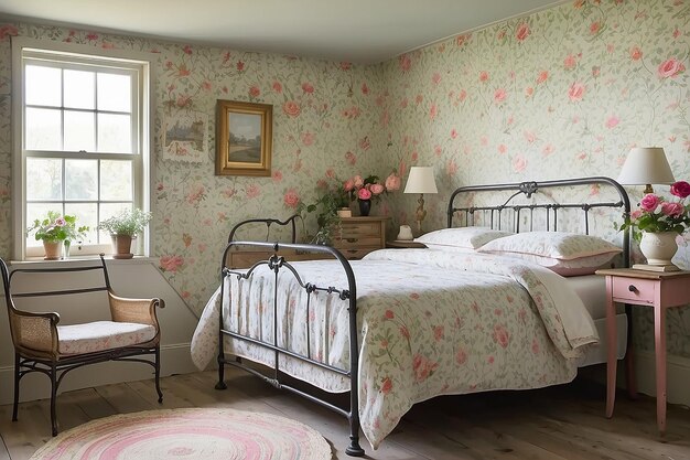 Photo country cottage bedroom with floral wallpaper and a wrought iron bed frame