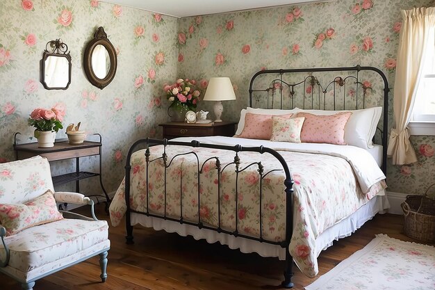 Photo country cottage bedroom with floral wallpaper and a wrought iron bed frame