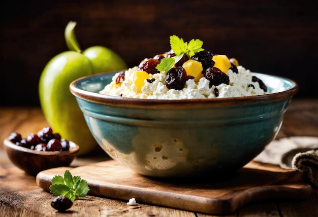 Country cottage cheese with raisins in a bowl