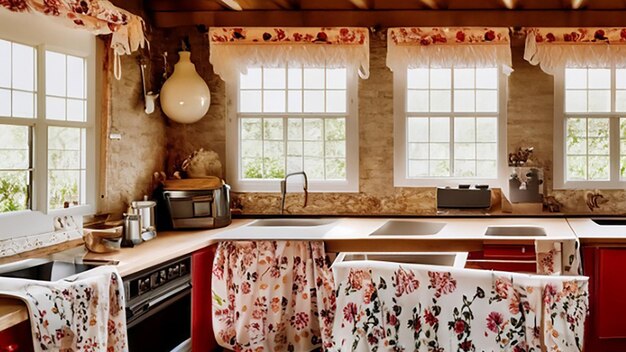 Foto country cottage keuken met bloemen gordijnen en een boerderij wastafel