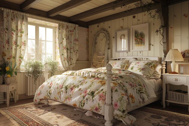 Country cottageinspired bedroom with floral prints