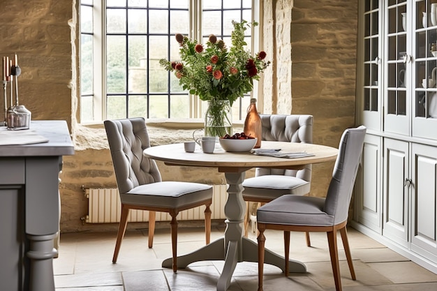 Загородный декор столовой дизайн интерьера и благоустройство дома элегантный стол со стульями мебель и домашний декор коттеджный стиль генеративный ай