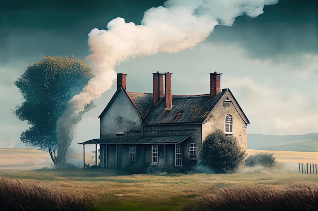 Country farmhouse with smoke drifting from the chimney and surrounding fields