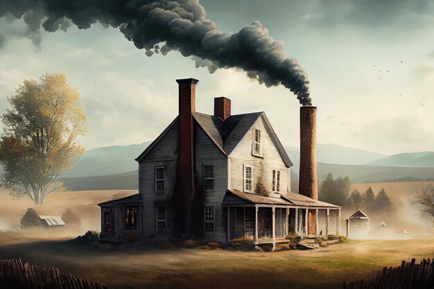 Country farmhouse with smoke drifting from the chimney and surrounding fields