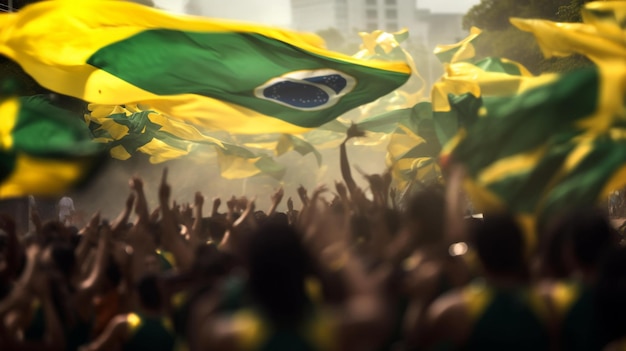 사진 bandeiras에 있는 사람들이 있는 국가 국기는 peop 배경 ai가 생성된 브라질 국기를 수행합니다.