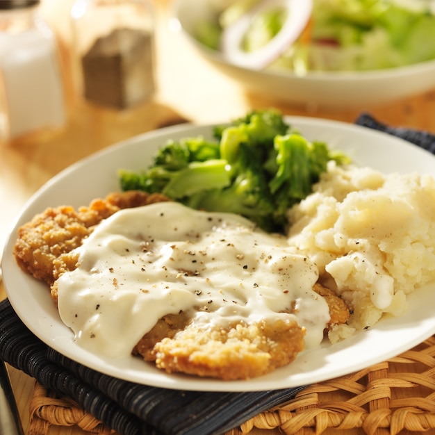 Country fried steak with gravy and mashed potatoes