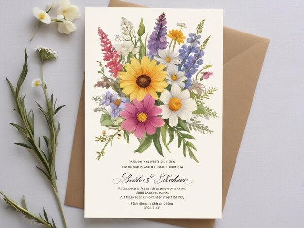 Photo country garden invitation card with wildflower bouquet