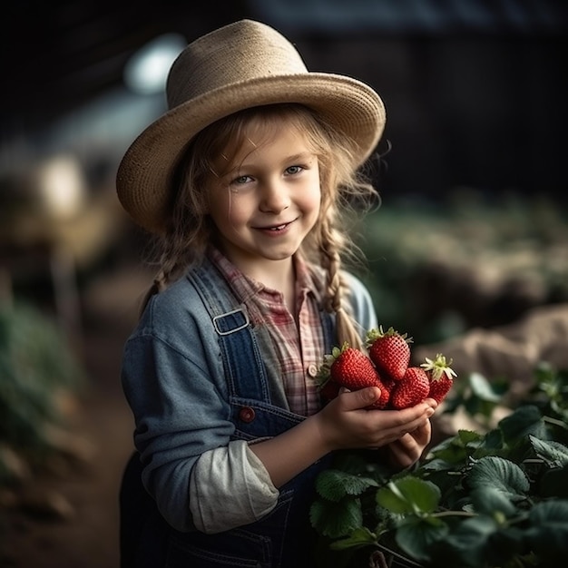 Country girl with selfgrown strawberries generative ai