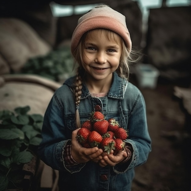 Country girl with selfgrown strawberries generative ai