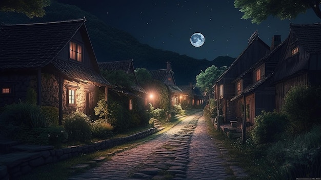 Country house atmosphere with moonlight at night