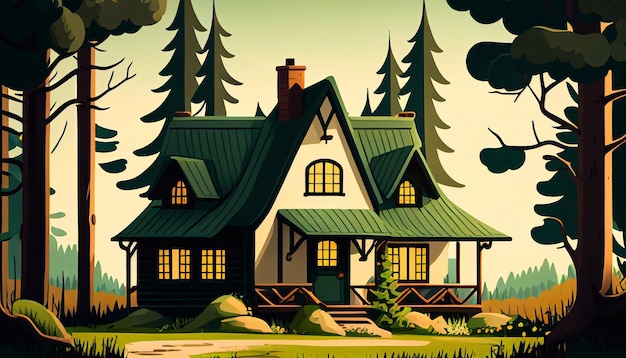 Country house in the forest. Farm in the countryside. Cottage among trees. Cartoon  illustration.