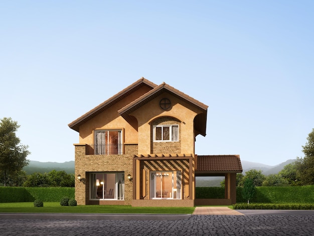 Country house front view with lawn and blue sky background