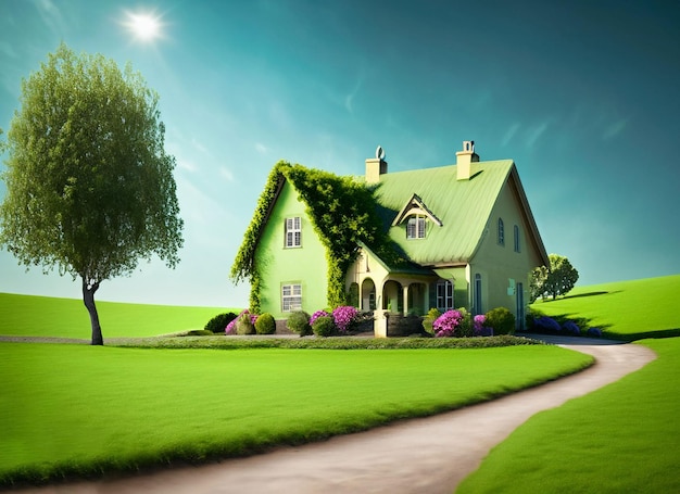 녹색 세계에 컨트리 하우스