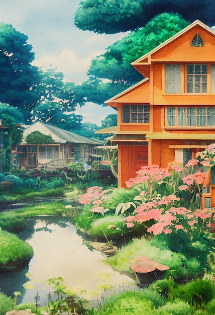 Country house with a small pond and flowers in front of the house