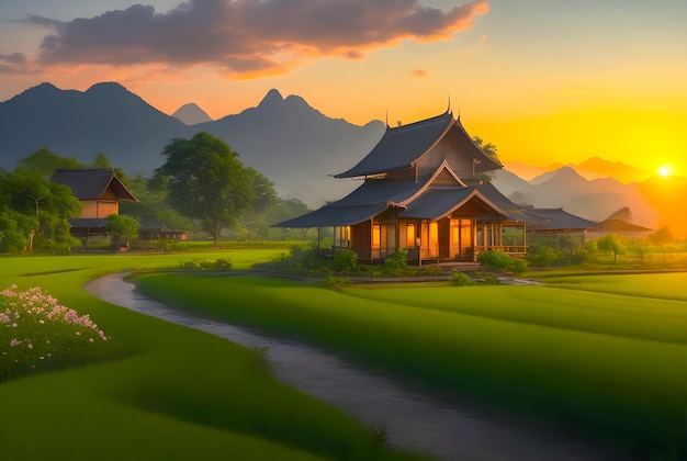 country houses Natural home in the middle of the green rice fields and and sunset ai generated