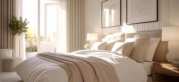 침대에 색과 크림색 베개가 있는 현대적인 침실의 시골 인테리어 디자인