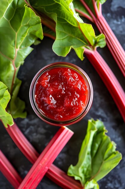 Photo country kitchen charm rhubarb jam jar amidst lush farmcore stalks
