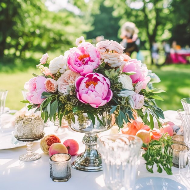 Foto vita di campagna giardino e decorazioni floreali bouquet di fiori di peonia in campagna stile cottage di campagna ai generativo