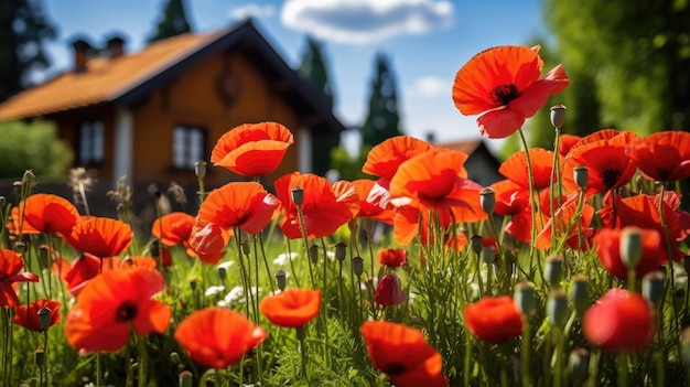 Country living red poppy flowers in a quaint garden by the rural house