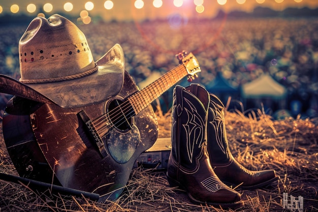 Foto concerto dal vivo di un festival di musica country con una chitarra acustica, cappello da cowboy e stivali sullo sfondo