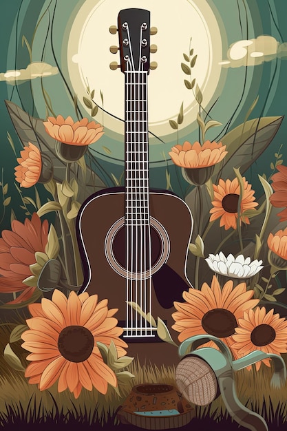Photo country music festival poster with acoustic guitar and flowers generative ai