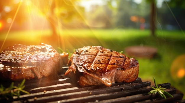 Country picnic feast grilled sirloin steak on a flaming BBQ grill in nature