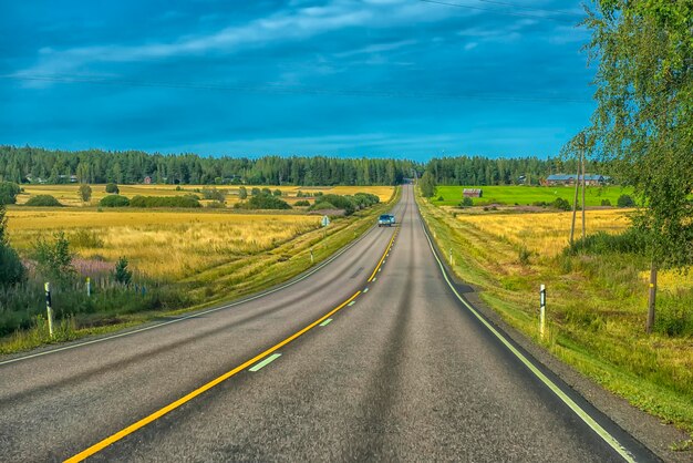 Country road amidst green landscape against sky