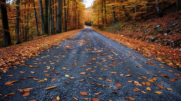Осенняя сельская дорога дорога окружена красочными деревьями листья падают на дорогу дорога мокрая от дождя