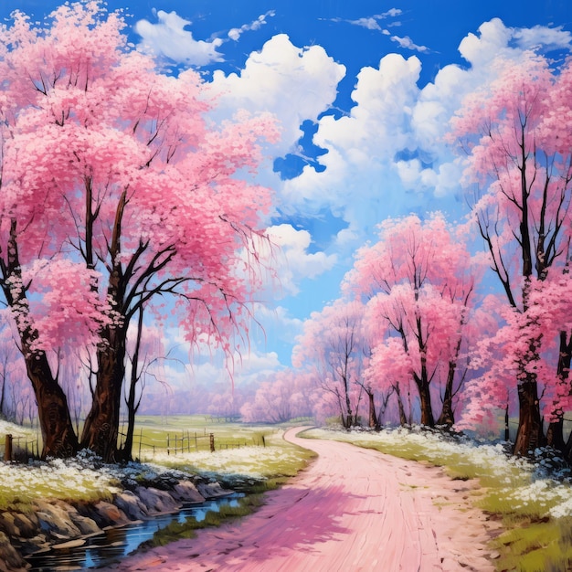 Country road under a canopy of cherry blossoms