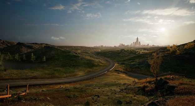 Strada di campagna per la città al mattino presto