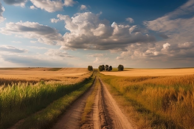 A country road in a field with a cloudy sky