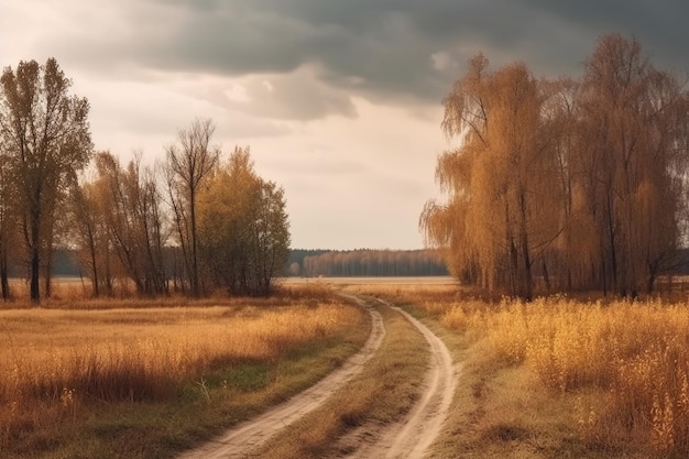 A country road in the field with trees and a cloudy sky