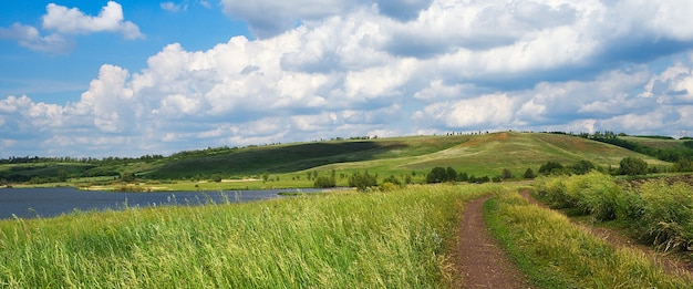 A country road among fields with grasses, near a lake and hills