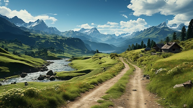 Country Road And Green Mountains In Summer