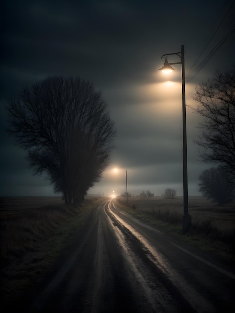 A country road at night looks so lonely and scary