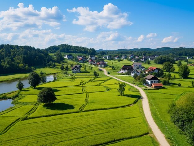 a country road runs through a valley with houses and trees.