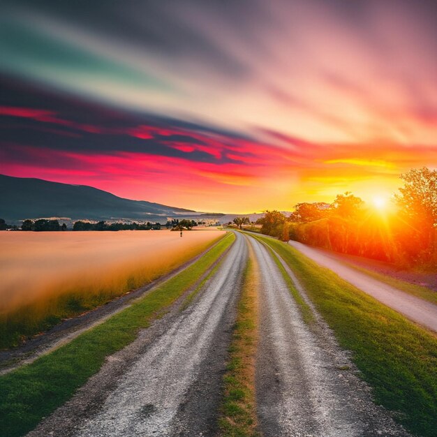Premium Photo | Country road with a beautiful sunset view landscape  photography