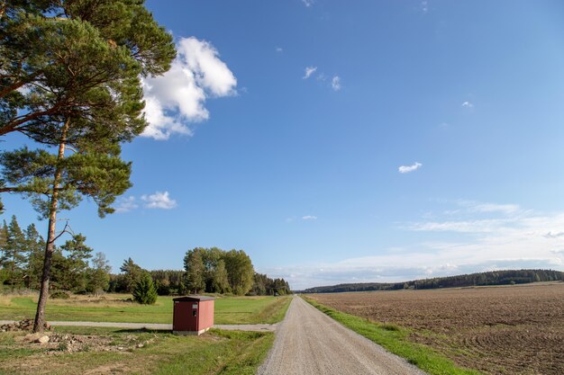 Strada di campagna con cielo blu.