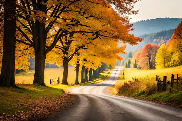 A country road with fall foliage on the side