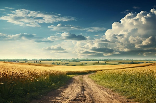 a country road with a field and a farm in the background.